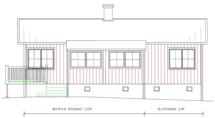 Arkitektritning av en husfasad med enhetliga fönster, utan trelufts fönster, några med spröjs.