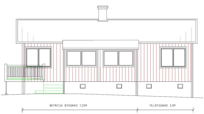 Arkitektonisk ritning av en husfasad med likformiga fönster och markerade måttangivelser.