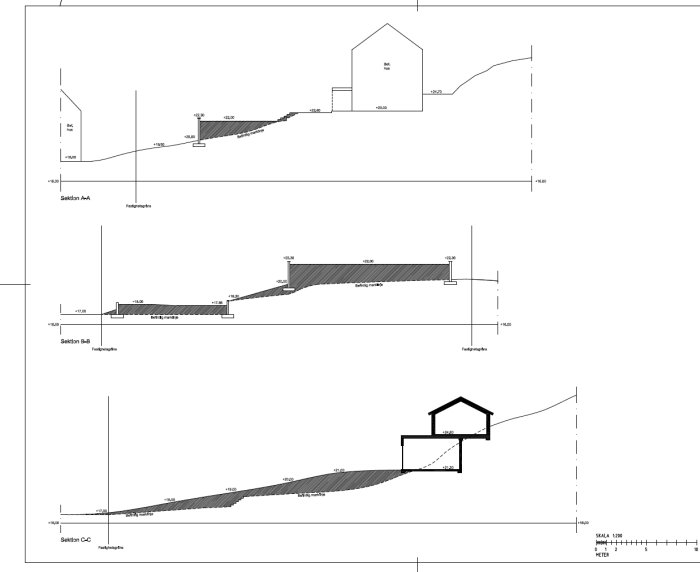 Arkitektoniska sektionsteckningar av ett hus vid olika snitt, med måttangivelser.