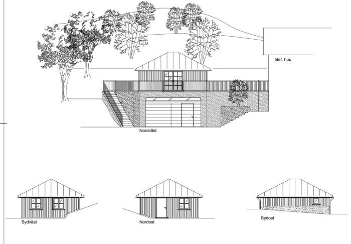 Arkitektritningar av ett hus med fasadvyer från nordväst, sydväst och nordost samt sektionssnitt.