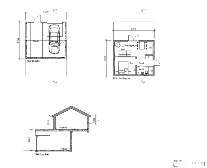 Arkitektritningar av en byggnad med en garageplan, en hobbyrumsplan och en sektionsritning.