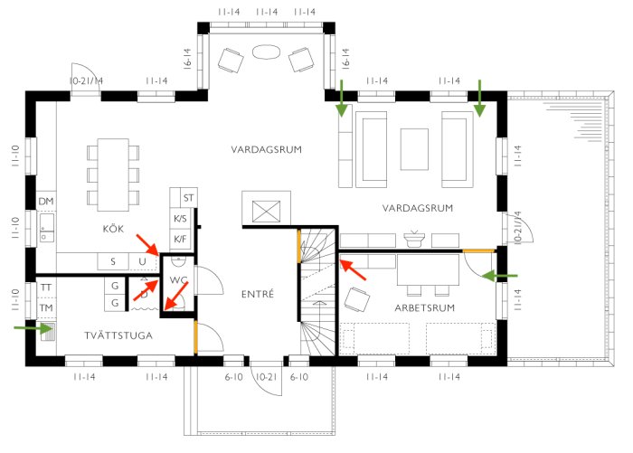 Planritning av ett hus med markeringar för tilluft i grönt, frånluft i rött, överluft i blått och ej överluftströskel i orange.