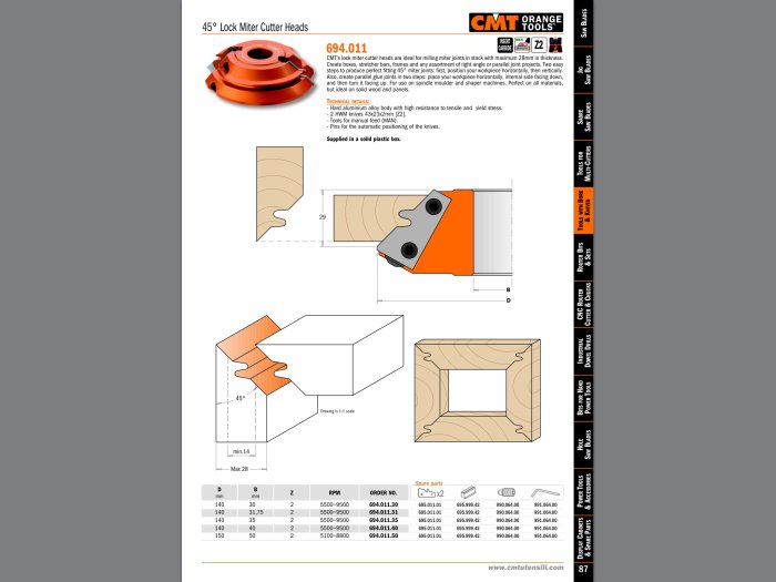 Diagram och bild av CMT Orange Tools 45° låsnotfräsar för träbearbetning med specifikationer och användningsexempel.