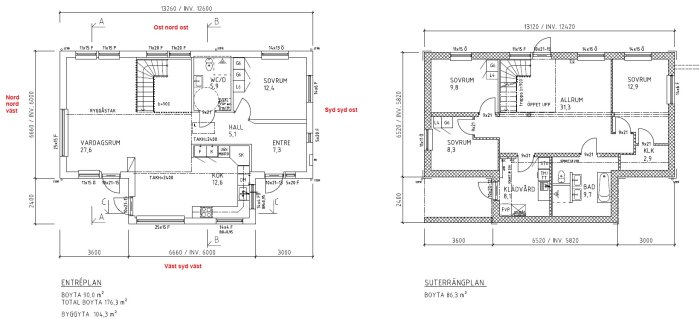 Architectural blueprint showing the layout of a two-story house with labeled rooms and dimensions.