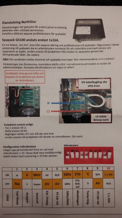 Installationsanvisning för SpaPack GS100 som visar 1-fas elanslutning, kretskort och mikrobrytare med inställningstabell.