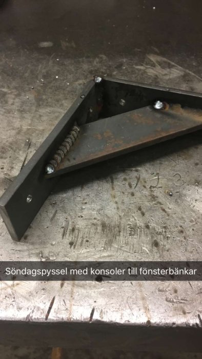 Svart metallkonsol för fönsterbräda på en arbetsbänk med texten "Söndagspyssel med konsoler till fönsterbänkar".