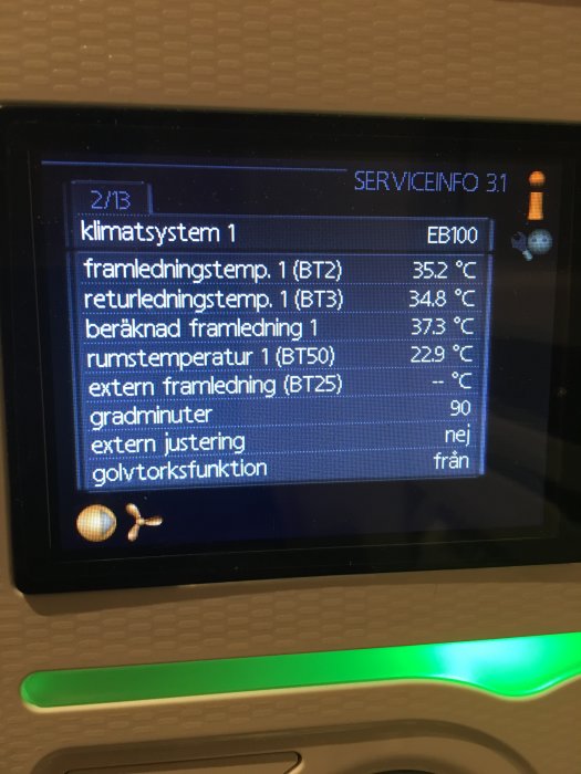 Skärm med informationsmeny för klimatsystem som visar temperaturvärden och inställningar.
