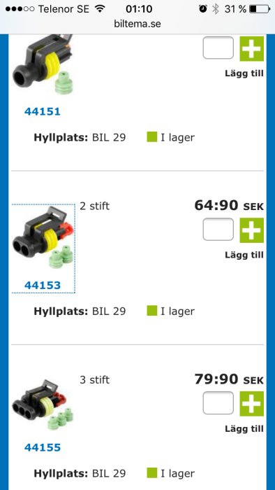 Elektriska kontaktadapterar med 1, 2 och 3 stiften på en webshop-sida, priser visas på svenska kronor.