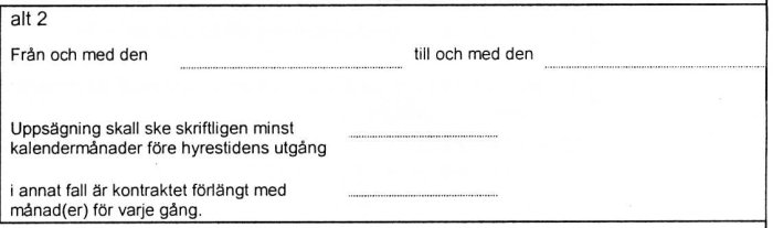 Utdrag från standard-hyreskontrakt med regler för uppsägning.