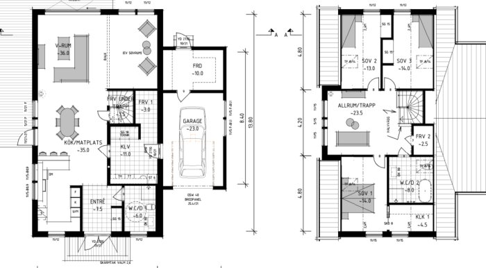 Svartvit ritning av en byggnadsplan med detaljerade mått och planlösningar för olika rum inklusive garage.