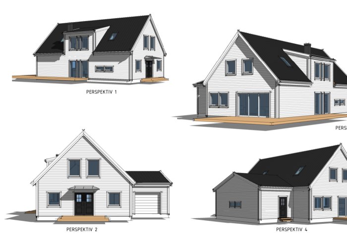 Fyra perspektiv av datorgenererade ritningar för ett tvåvåningshus