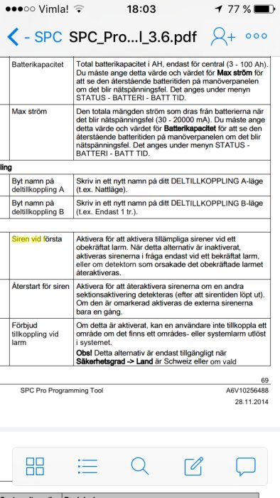 Skärmbild av PDF-dokument som visar inställningsinstruktioner för ett säkerhetssystem.