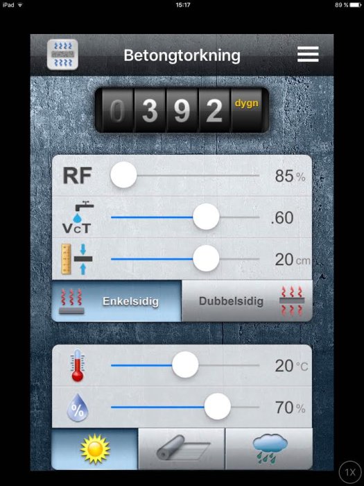 Skärmavbild av app för betongtorkning som visar tidsräknare, luftfuktighet och temperaturinställningar.