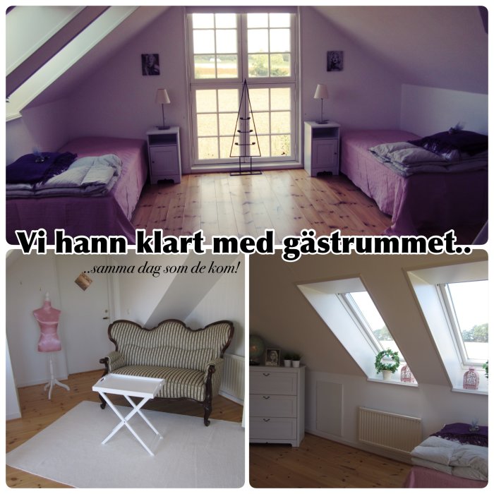 Renoverat lantligt gästrum med två sängar, möbler och dekor innan gästernas ankomst.