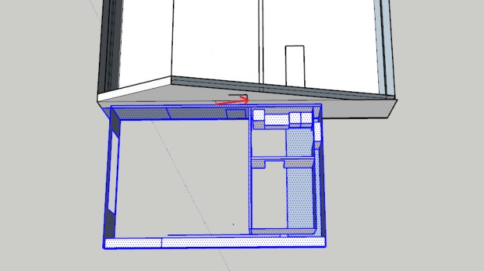 3D-modell av ett hus där garaget markerats med blått och en röd pil visar flyttriktningen.