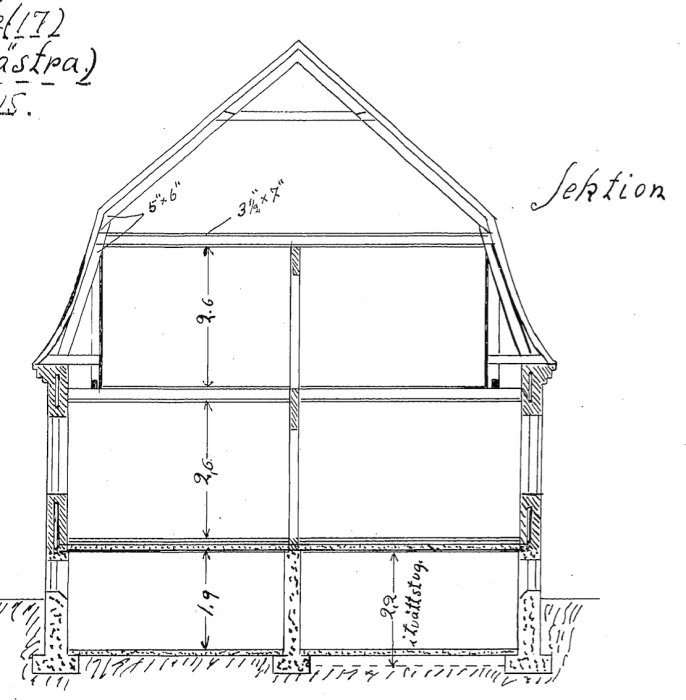 Sektion av äldre hus med måttangivelser för att visa möjlig bärighet hos innerväggar.