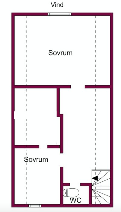 Planritning över vindsvåning med markerade sovrum, WC och potentiellt bärande plankväggar.