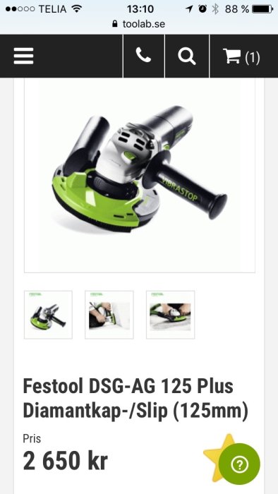 Skärmdump av annons för en Festool DSG-AG 125 Plus slipmaskin för 2650 kr på toollab.se.