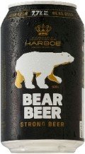 Burk av Harboe Bear Beer, stark öl med 7,7% alkohol och en vit björn på etiketten.