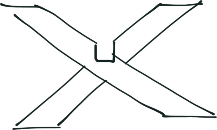 Schematisk illustration av två träkors för sammanfogning, det ena vändbart för att trä i det andra.