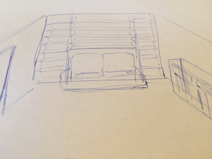 Handritad skiss av en hörnbokhylla med hyllplan och en ledig plats för sittmöbler.