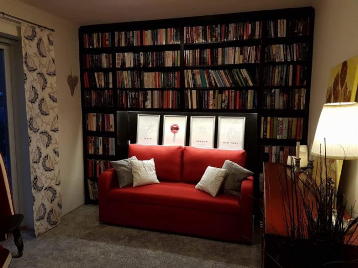 Hemmagjord svart bokhylla fylld med böcker, röd soffa framför och inredningsdetaljer.
