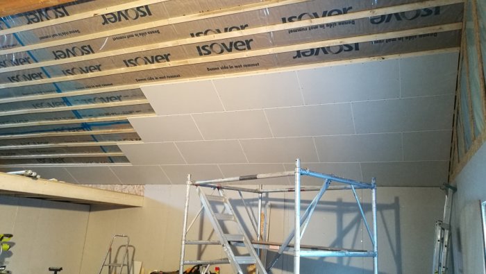 Delvis färdigt tak med isolering och ouppspacklade gipsskivor, stegar och byggställning i rummet.