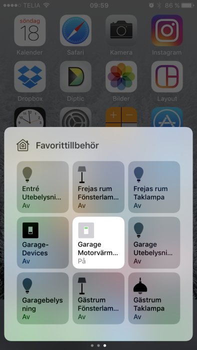 Skärmdump av iPhone med Homekit kontrollpanel som visar smarta hem enheter som lampor och motorvärmare.
