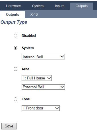 Gränssnitt för säkerhetssystemets inställningar med vald output type 'System' och 'Internal Bell'.