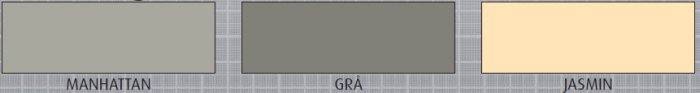 Färgprover av fogmassa i tre nyanser: Manhattan, Grå och Jasmin, presenterade ovanför en rutig bakgrund.