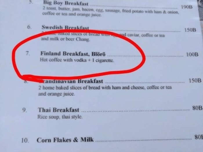 Meny med olika frukostalternativ markerar "Finland Breakfast" med kaffe, vodka och cigarett.