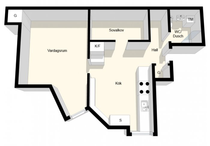 Planritning av en lägenhet med vardagsrum, kokvrå, sovalkov, hall och badrum, två fönster markerade.