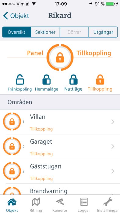 Skärmdump av en säkerhetsapp med knapparna Frånkoppling, Hemmaläge, Nattläge och Tillkoppling.