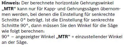 Skärmbild av en tysk text som beskriver beräkningen av en horisontell geringssnittvinkel för kap- och geringssågar.