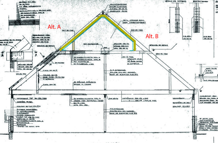 Arkitektritning av ett 1,5-plans hus med markerade alternativ A och B för isolering av vinden.