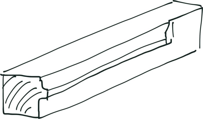 Ritning av ett trästycke med profil för fönstertillverkning, markerande snitt av tappar och falsar.