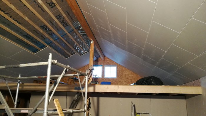 Renoveringsprojekt som visar isolering och pågående installation av gipsskivor på en vind.