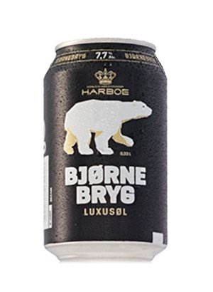 Burk med öl märkt "BJØRNE BRØG LUXUSØL" och en bild av en isbjörn.