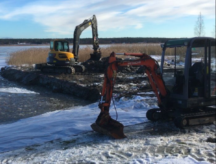 Två grävmaskiner som röjer vid en igenvuxen strandkant på vintern med is och snö i förgrunden.