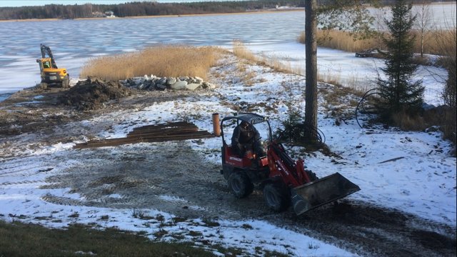 Röjningsarbete vid igenvuxen strand på vintern med grävmaskin och lastare vid frusen sjö.