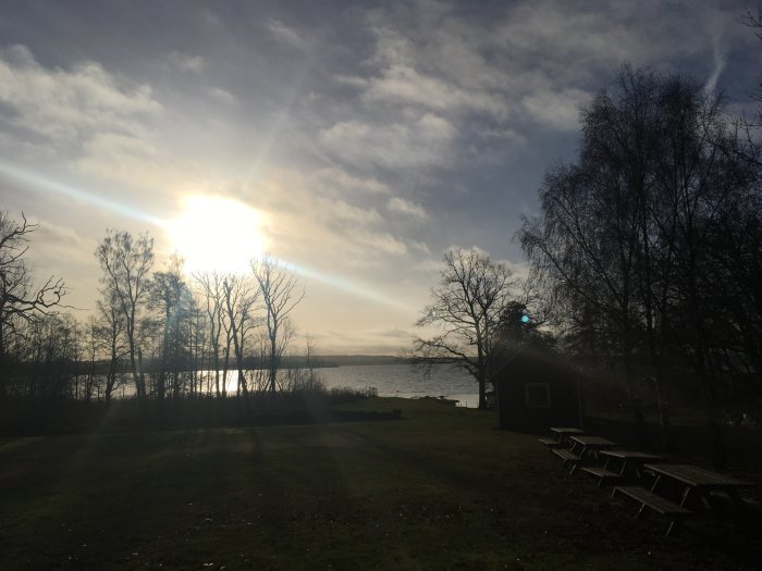 Vintersol som lyser över en sjö med träd och en liten stuga, picknickbord i förgrunden.