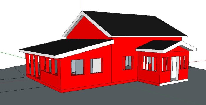 3D-modell av en röd stuga med svart tak och tillbyggnad, planerad för renovering.