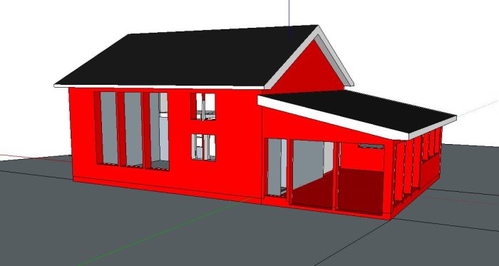 3D-modell av en röd stuga med nytt tak och tillbyggnad för gästrum och uterum.