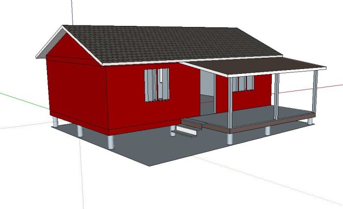 3D-modell av en röd stuga med nytt tak och tillbyggnad inklusive farstukvist och uterum.