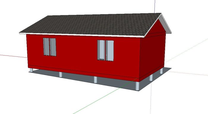 3D-modell av röd stuga med svart tak och två fönster, ritad i designprogram.