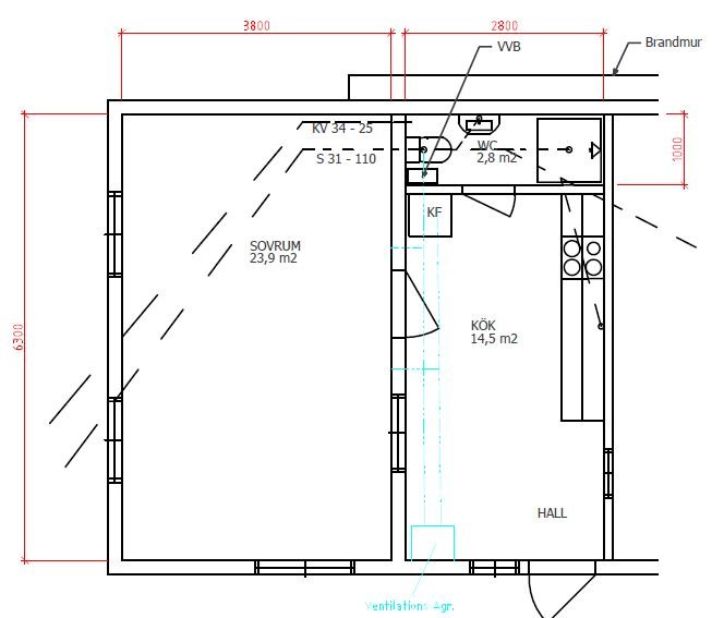 Ritning av planlösning för ombyggnad av garage till lägenhet med markerade sovrum, kök och hall.