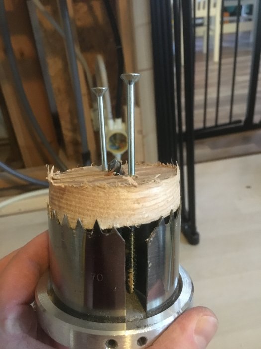 Hålsåg med två spikar instuckna genom utsågad träkärna för enkel borttagning.