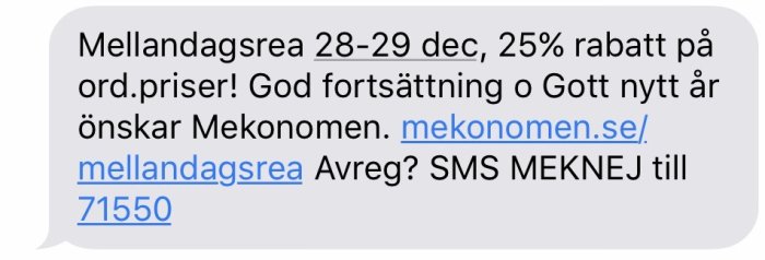 Skärmbild av ett SMS-meddelande om Mekonomens mellandagsrea med 25% rabatt.