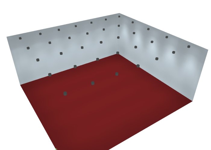 3D-schema över belysningsplan med lysrör och LED-spotlights monterade i taket över röd yta.