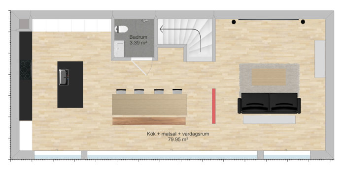 Ritning av bottenplan i ett hem med öppen planlösning för kök, matsal, vardagsrum och litet badrum.